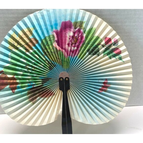 Vintage Chinese Folding Fan Floral Design Flowers Butterfly Round - Picture 7 of 9